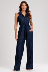 Macacão Jeans Frysaide Azul Wide Leg Com Faixa