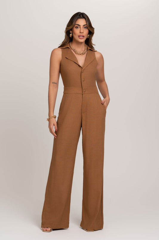 Macacão Marrom De Linho Frente Única Frysaide