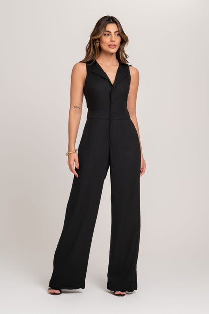 Macacão Preto De Linho Frente Única Frysaide 