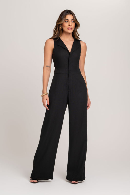 Macacão Preto De Linho Frente Única Frysaide 