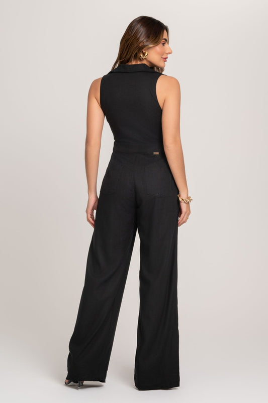 Macacão Preto De Linho Frente Única Frysaide 