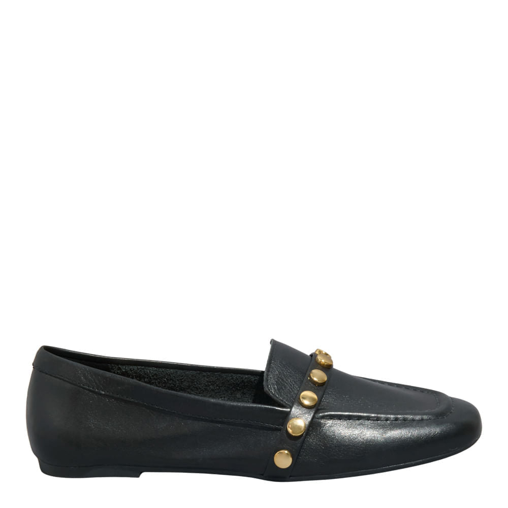 Mocassim Preto Santa Lolla Tachas Bico Quadrado 