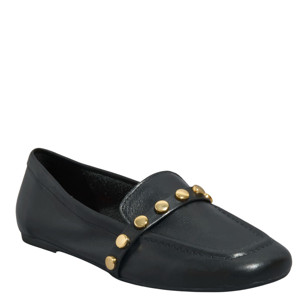 Mocassim Preto Santa Lolla Tachas Bico Quadrado 