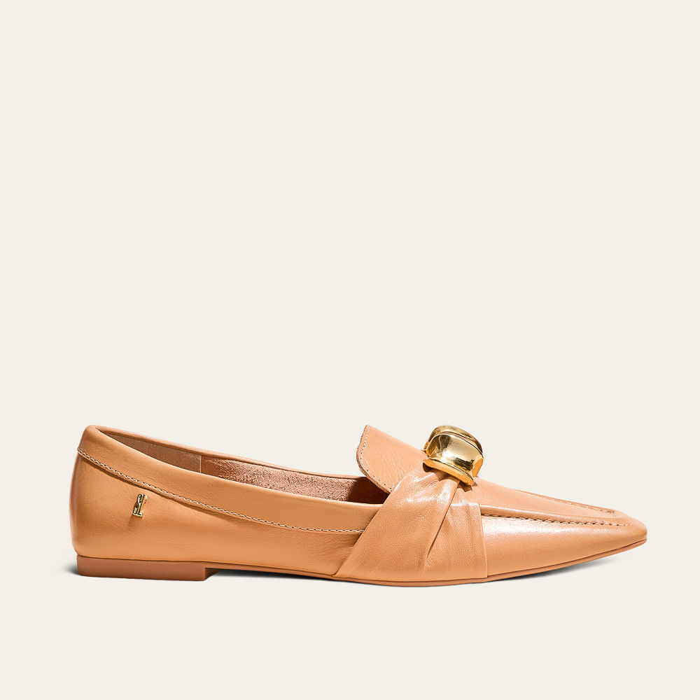 Mocassim Santa Lolla Caramelo Couro Metal Dourado