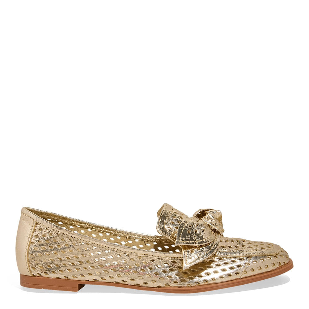 Mocassim Santa Lolla Dourado Vazado Com Laço