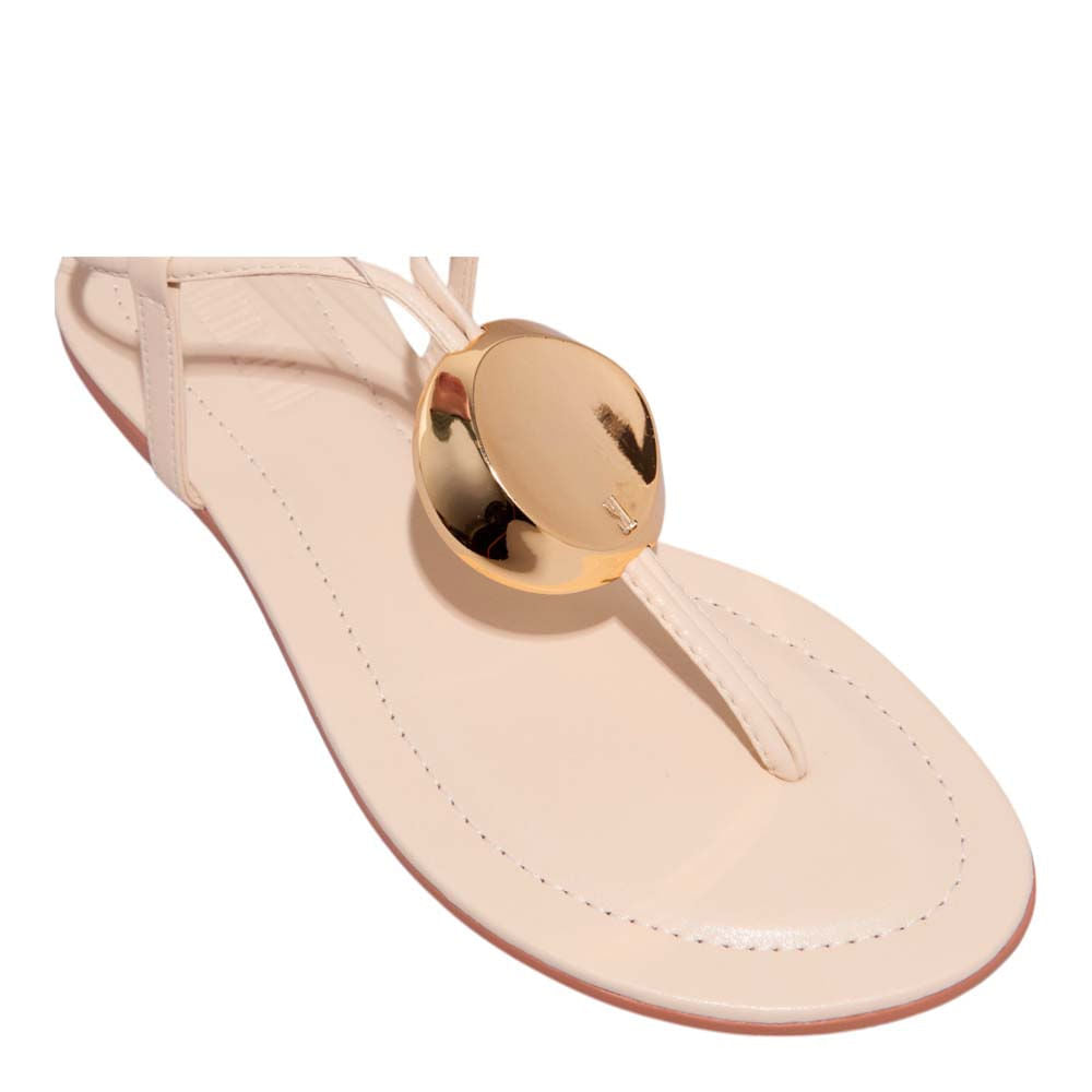 Rasteira Santa Lolla Bege Tira Tornozelo Aplique Dourado