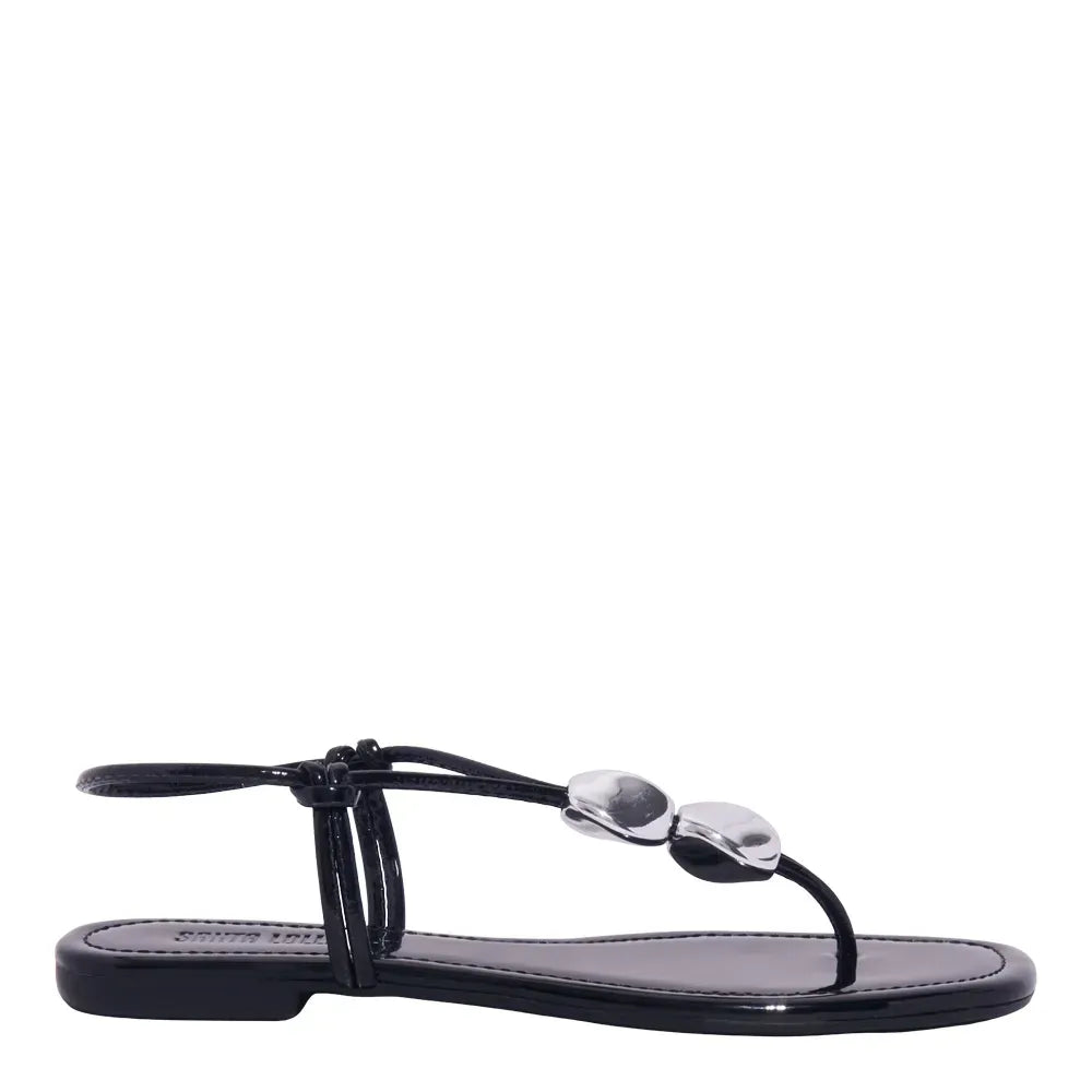 Rasteirinha Santa Lolla Preta Verniz Apliques Prata