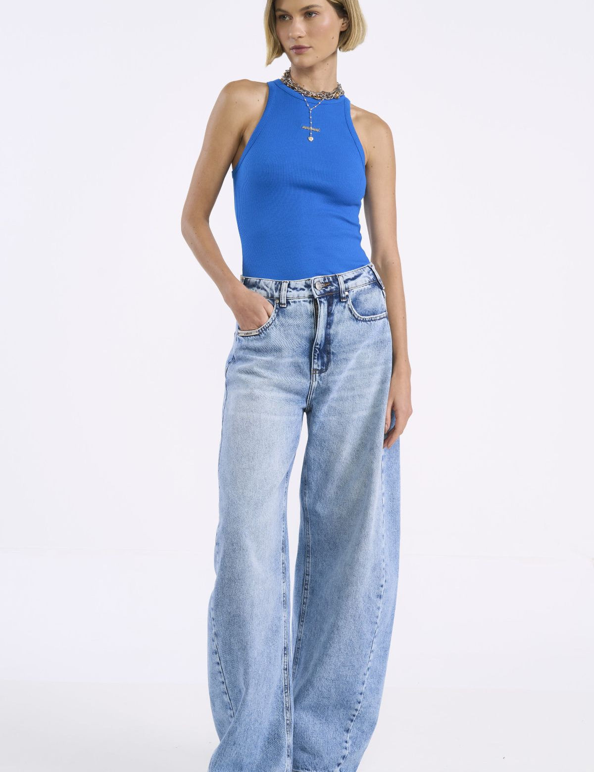 Regata Colcci Azul Canelada Decote Alto