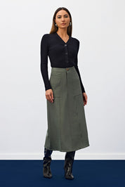 Saia Midi Verde Bolsos Frontais Meia Loka