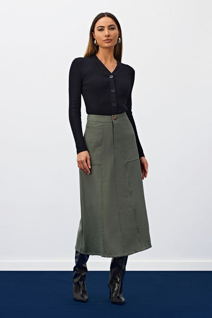 Saia Midi Verde Bolsos Frontais Meia Loka