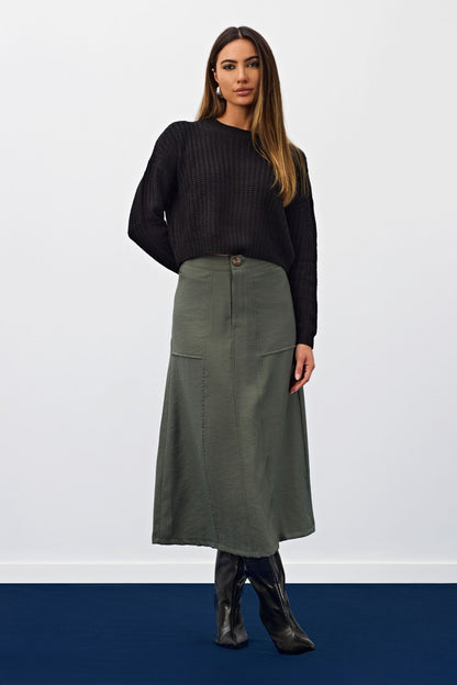 Saia Midi Verde Bolsos Frontais Meia Loka