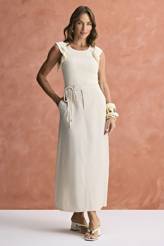 Saia Midi Cambraia Bege Meia Loka 