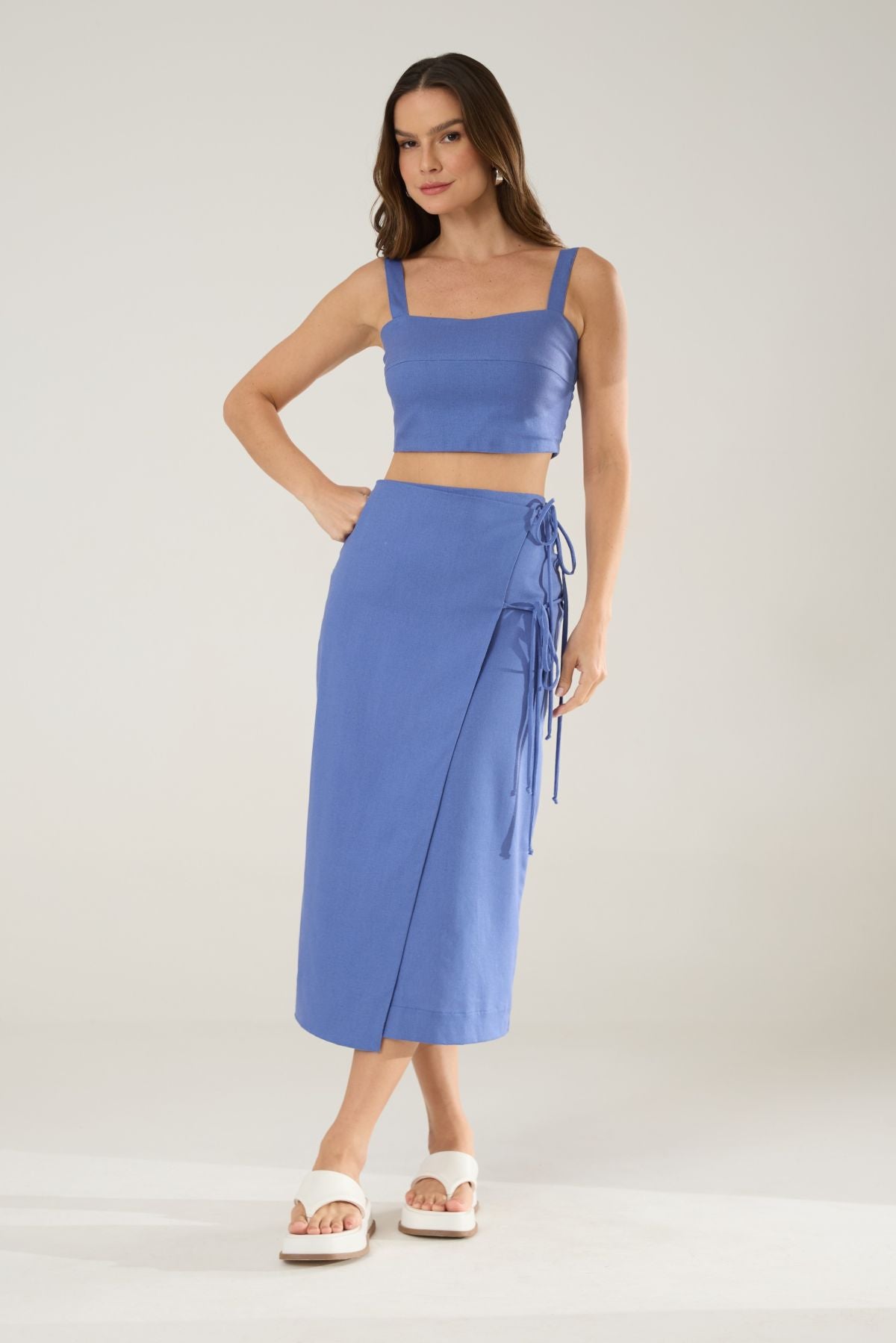 Saia Midi De Linho Azul Flo Maria 