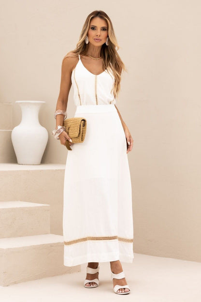 Saia Midi De Linho Rodada Com Entremeio Natural Off White Frysaide