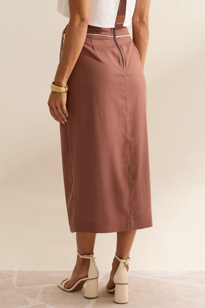 Saia Midi Flo Maria Marrom Faixa Lateral Vivo