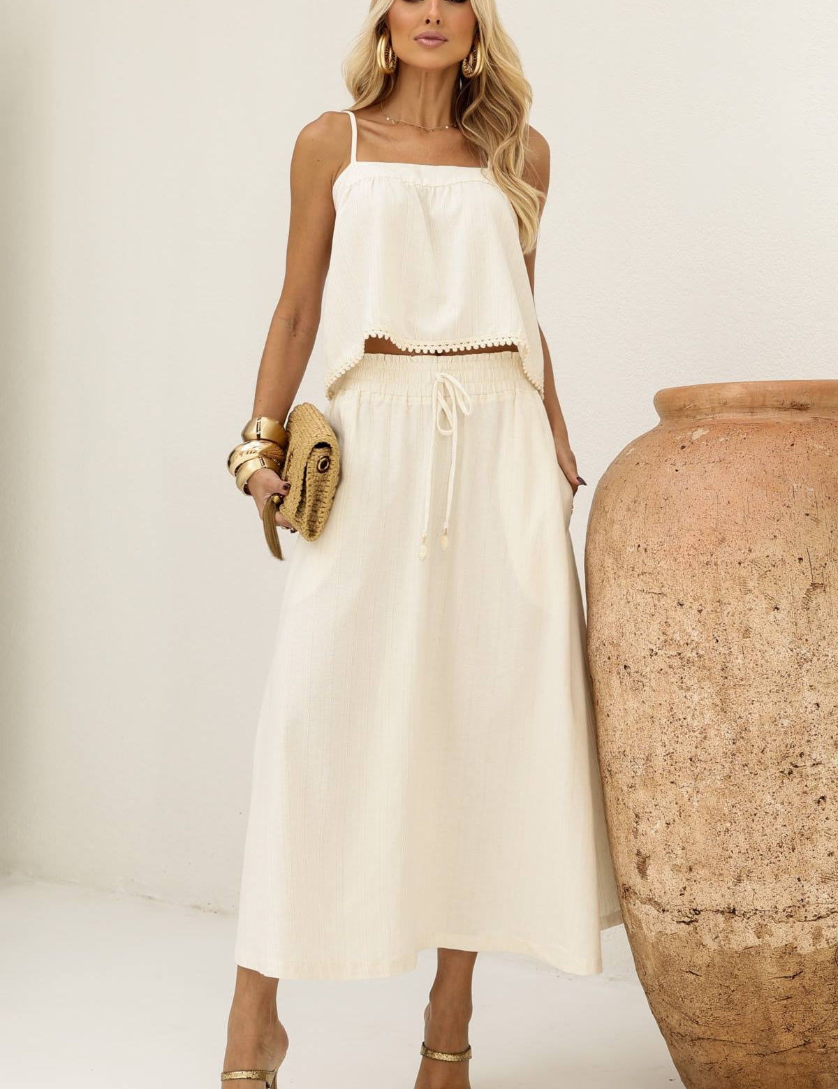 Saia Midi Frysaide Off White Linho Fio Dourado