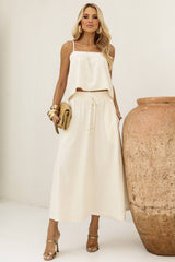 Saia Midi Frysaide Off White Linho Fio Dourado