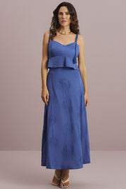 Saia Midi Meia Loka Azul Bordada Floral