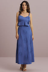 Saia Midi Meia Loka Azul Bordada Floral