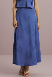 Saia Midi Meia Loka Azul Bordada Floral