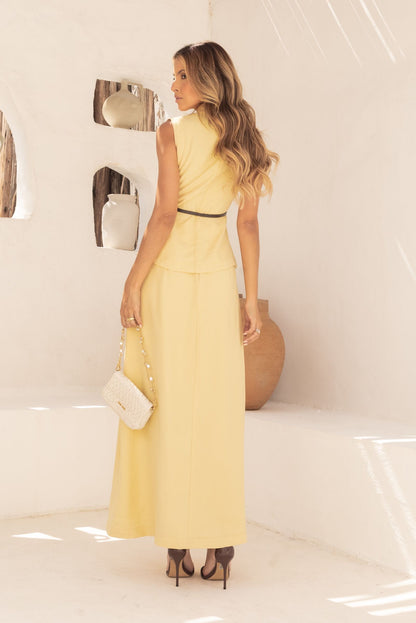 Saia Rodada Alfaiataria Amarela Linho Frysaide