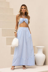 Saia Super Midi Com Listras Azul Tricoline Frysaide