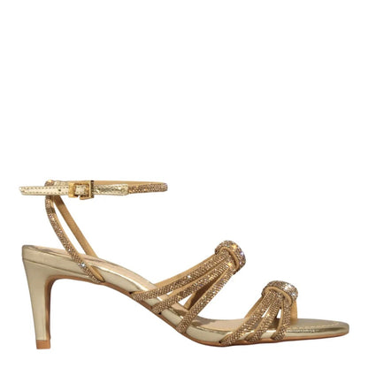 Sandália Santa Lolla Dourada Brilho Strass Salto Médio