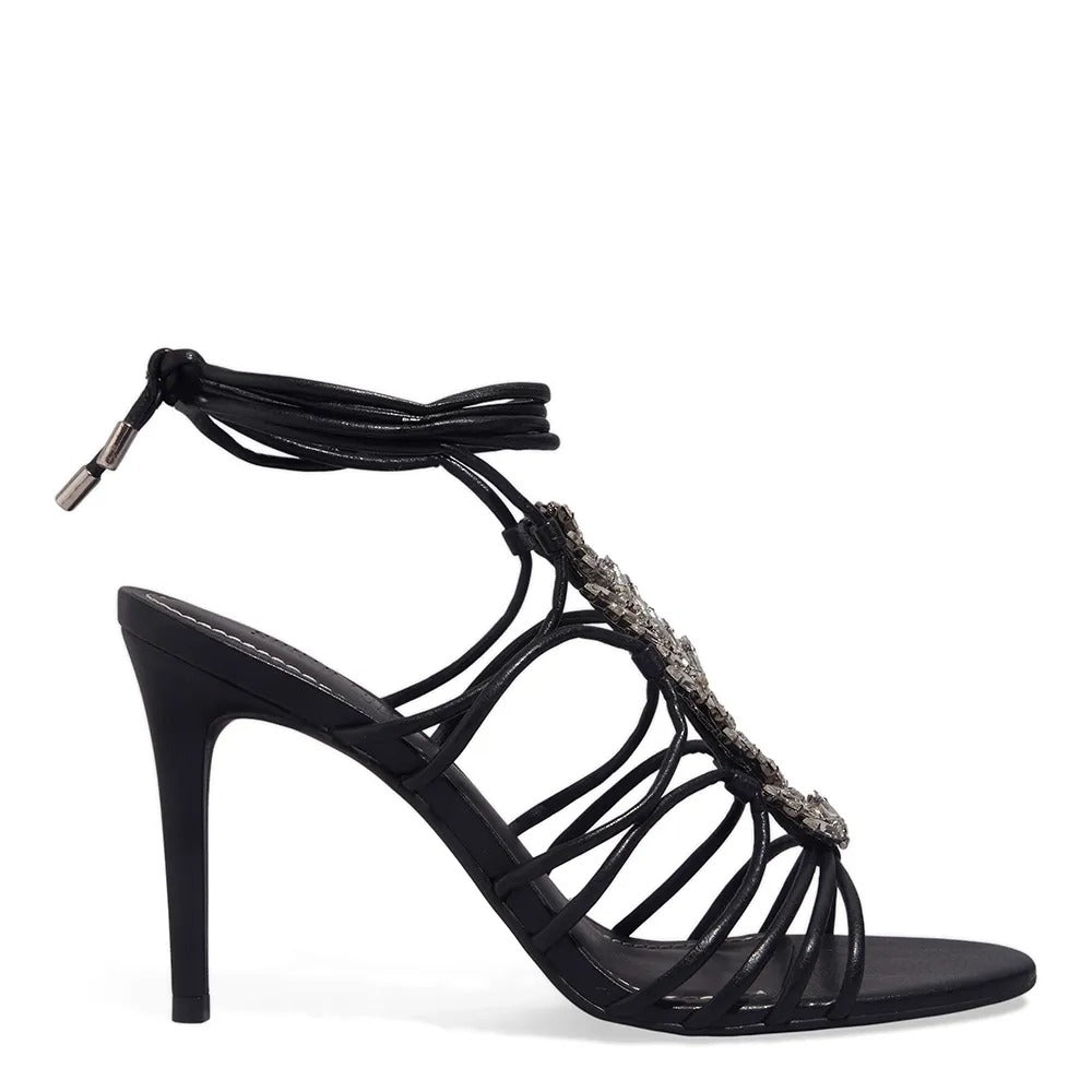 Sandália Santa Lolla Pedraria Preta Amarração Salto Alto