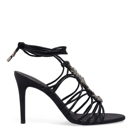 Sandália Santa Lolla Pedraria Preta Amarração Salto Alto