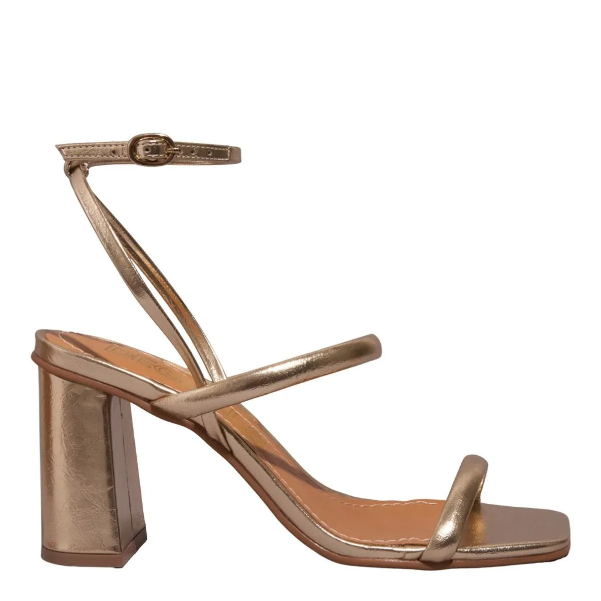 Sandália Dourada Salto Bloco Metalizada Degalls 