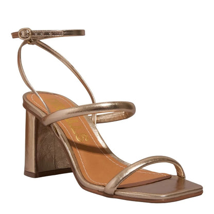 Sandália Dourada Salto Bloco Metalizada Degalls 