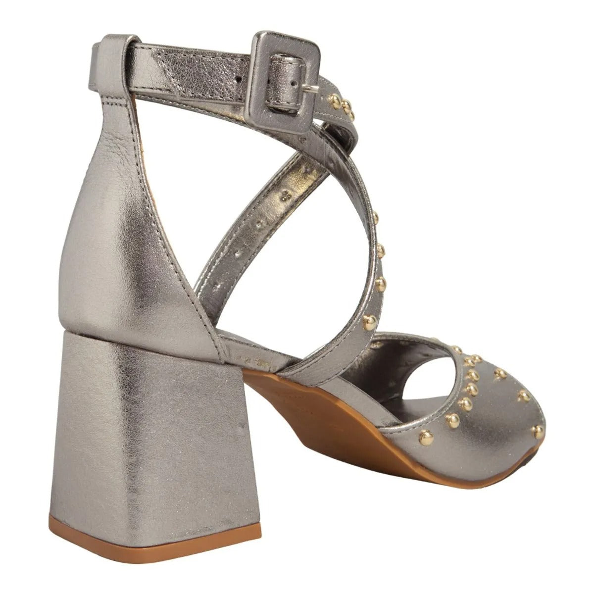 Sandália Prata Salto Bloco Tachas Degalls