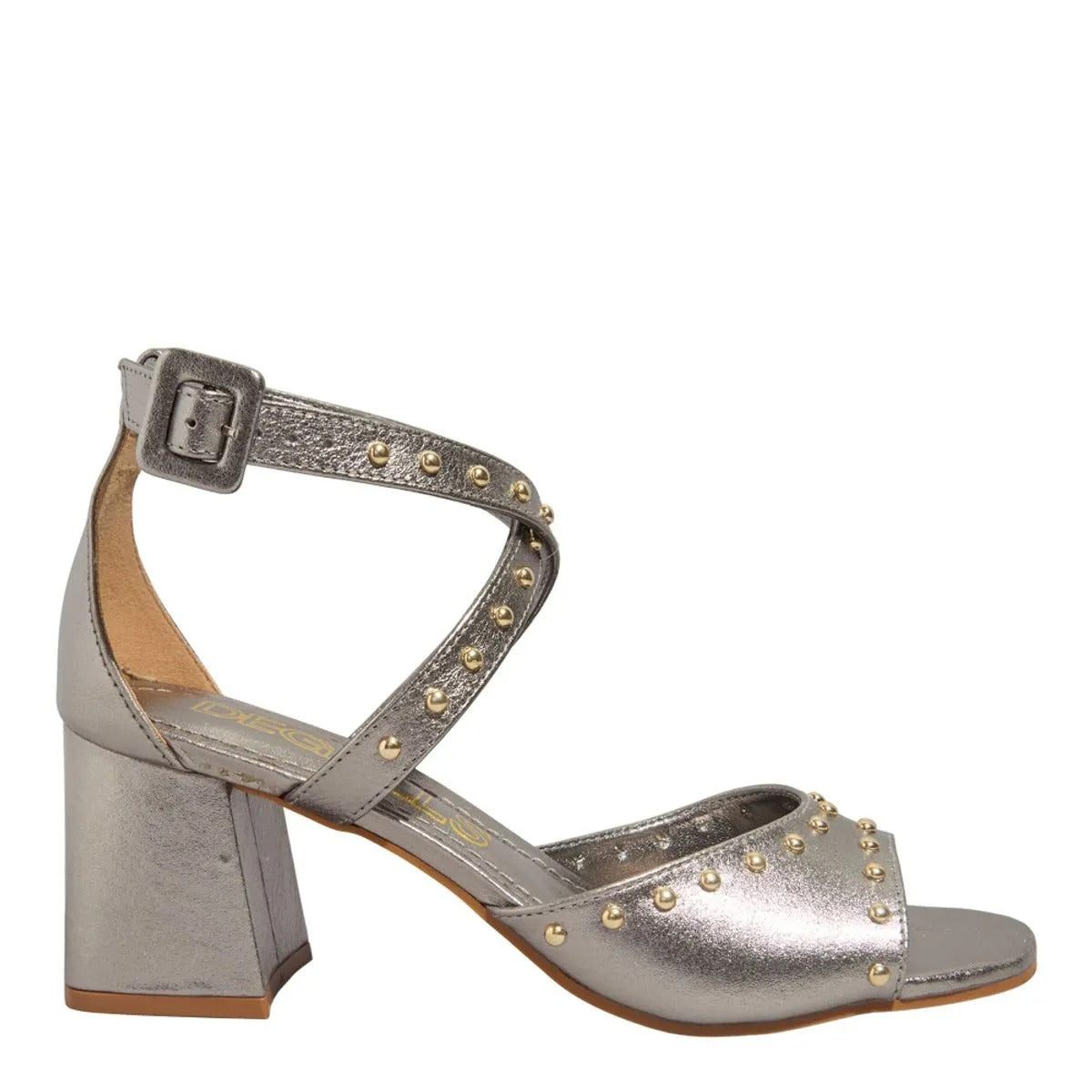 Sandália Prata Salto Bloco Tachas Degalls