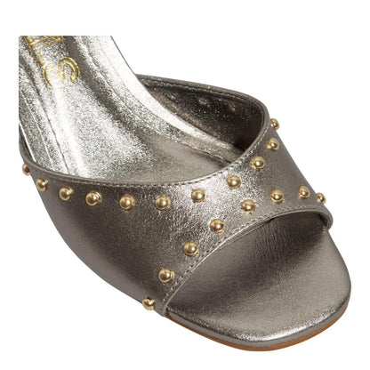 Sandália Prata Salto Bloco Tachas Degalls