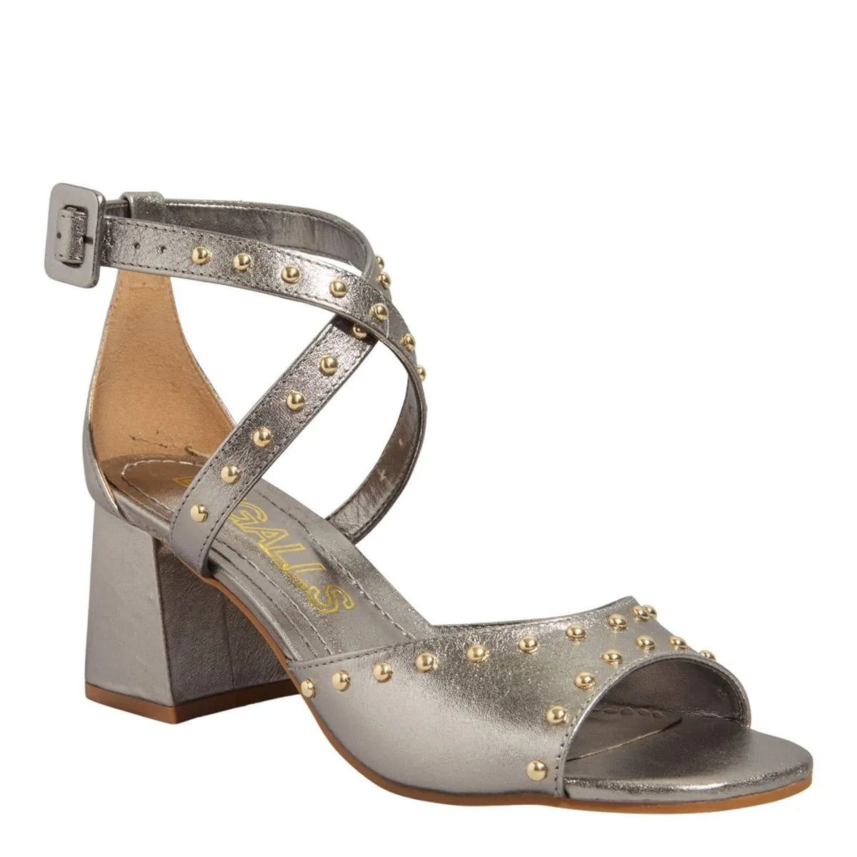 Sandália Prata Salto Bloco Tachas Degalls