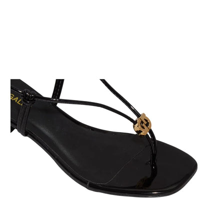 Sandália Salto Bloco Preta Verniz Degalls