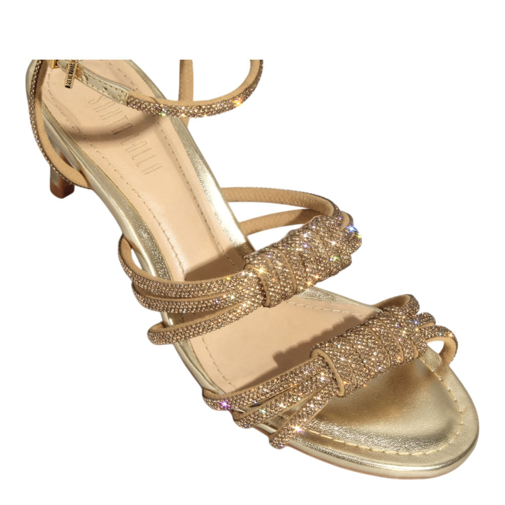 Sandália Santa Lolla Dourada Brilho Strass Salto Médio