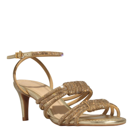 Sandália Santa Lolla Dourada Brilho Strass Salto Médio