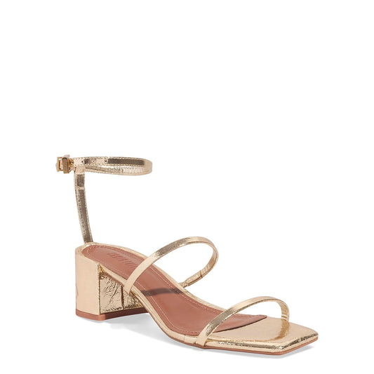 Sandália Santa Lolla Dourada Couro Metalizado Salto Bloco