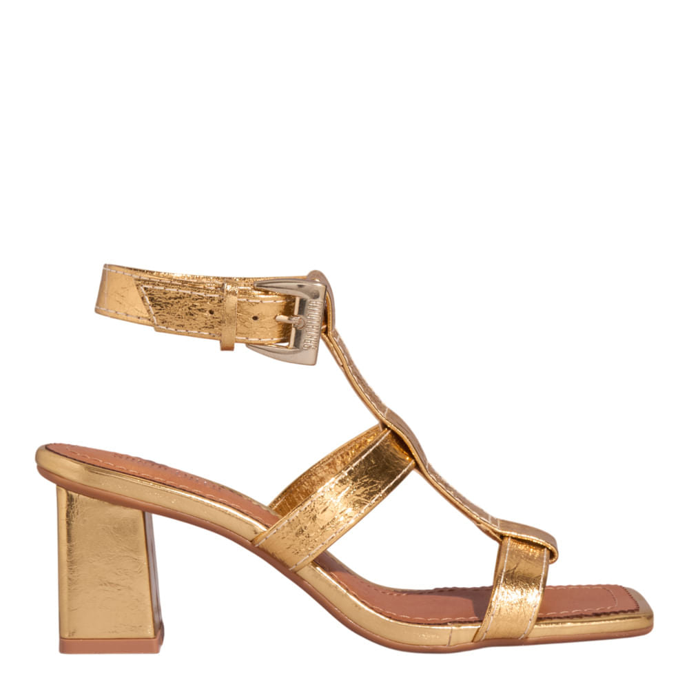 Sandália Santa Lolla Dourada Metalizada Salto Bloco