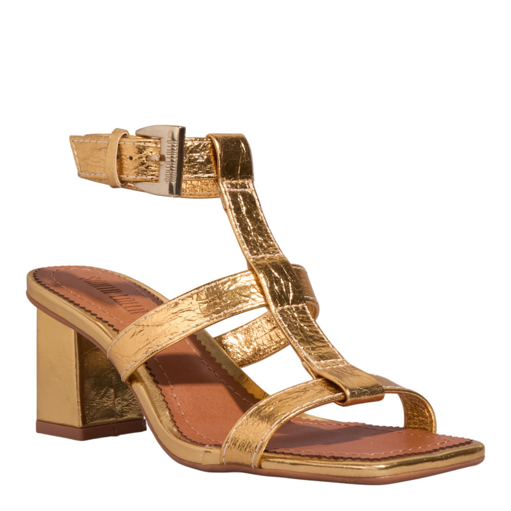 Sandália Santa Lolla Dourada Metalizada Salto Bloco