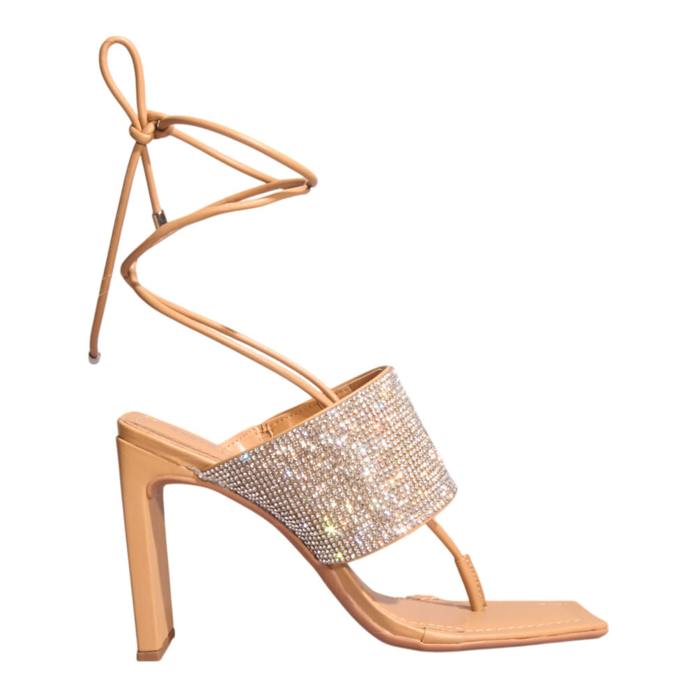 Sandália Santa Lolla Nude Brilho Strass Amarração Salto Alto