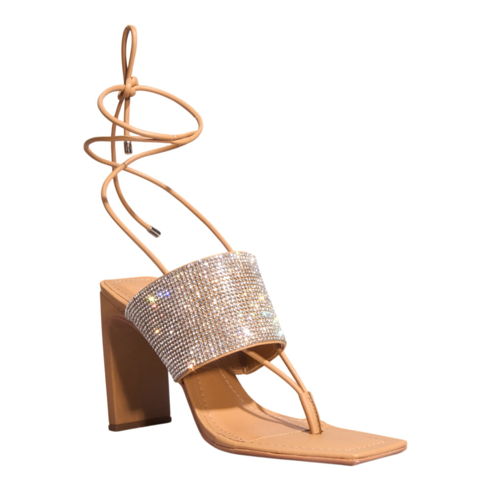 Sandália Santa Lolla Nude Brilho Strass Amarração Salto Alto
