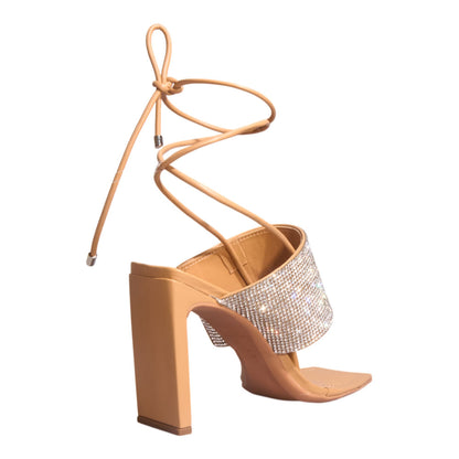 Sandália Santa Lolla Nude Brilho Strass Amarração Salto Alto