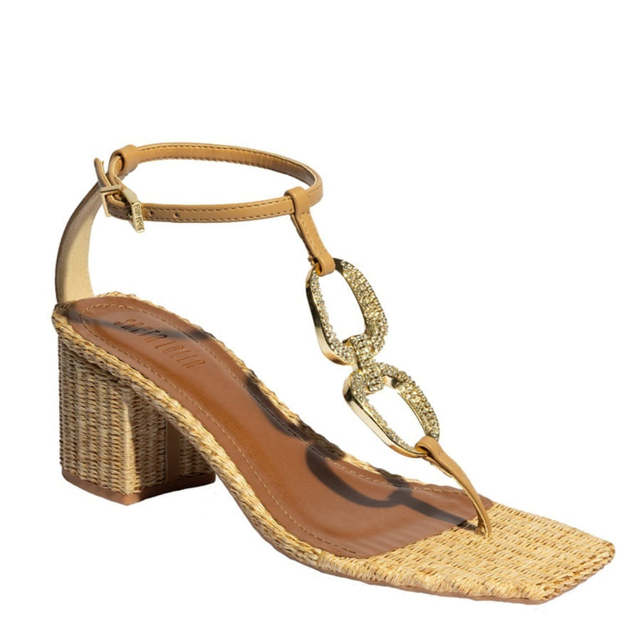 Sandália Santa Lolla Palha Brilho Salto Bloco