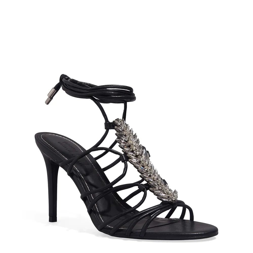 Sandália Santa Lolla Pedraria Preta Amarração Salto Alto