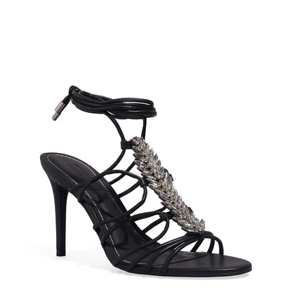 Sandália Santa Lolla Pedraria Preta Amarração Salto Alto