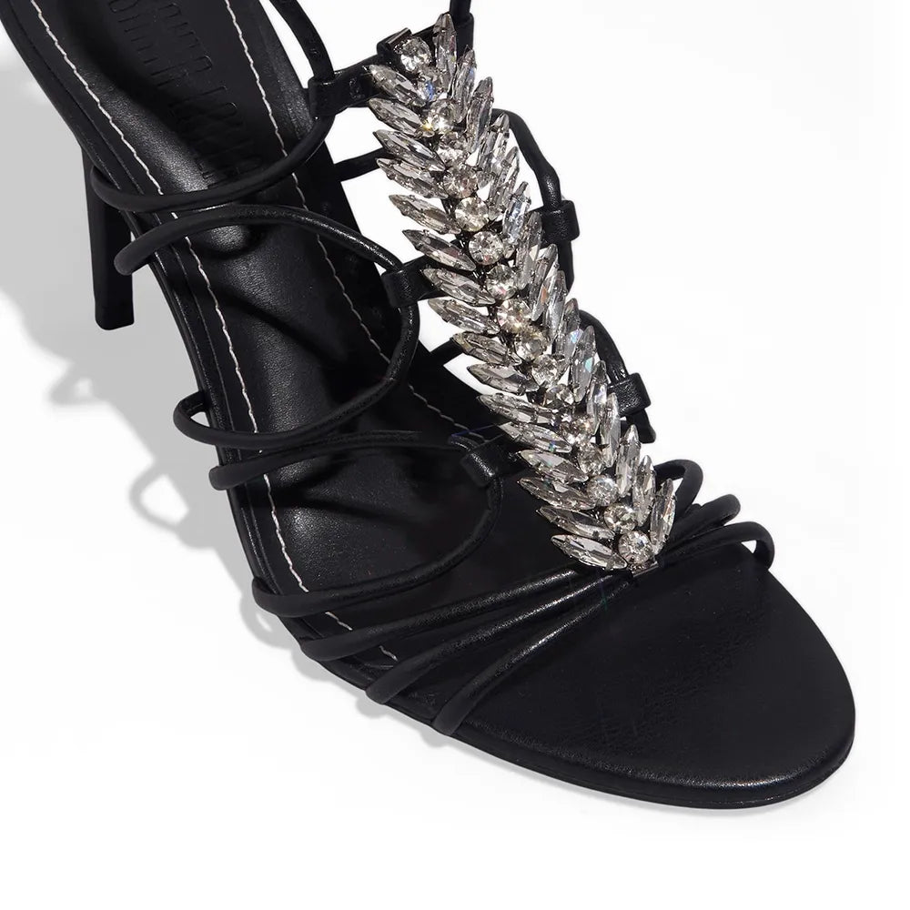 Sandália Santa Lolla Pedraria Preta Amarração Salto Alto