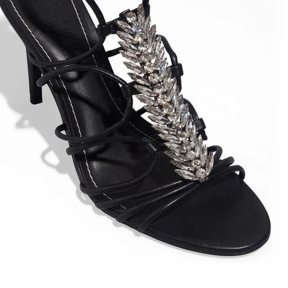 Sandália Santa Lolla Pedraria Preta Amarração Salto Alto