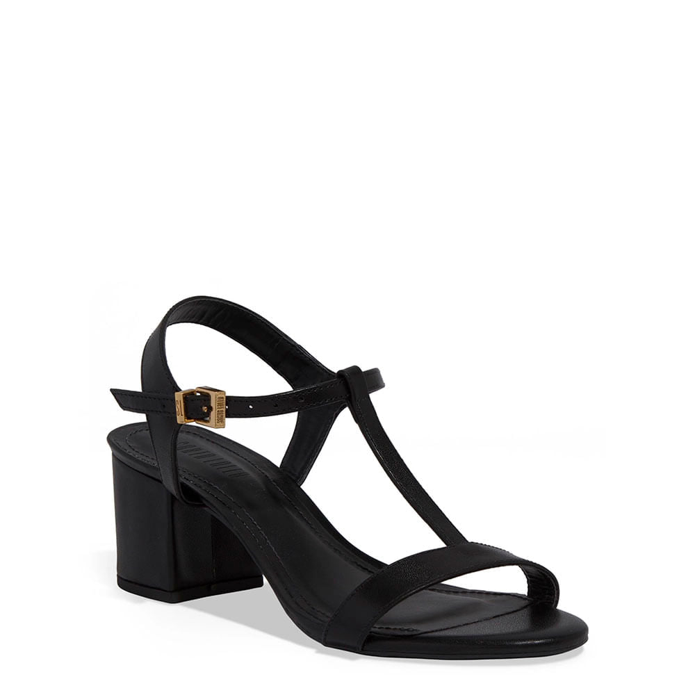 Sandália Santa Lolla Preta Couro Salto Bloco Tira Em T